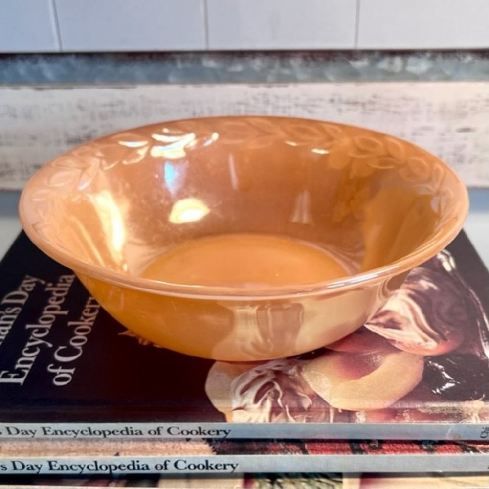 Vintage Fire King Oven Ware Peach Luster Leaf Pattern Bowl